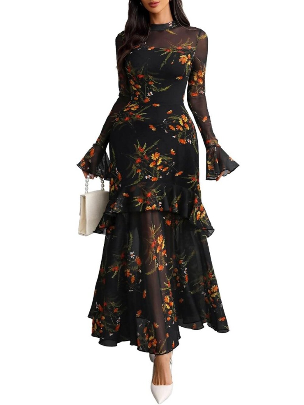 Women Floral Maxi Dress Bell Sleeve Party Wedding Guest Dresses
